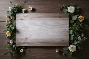 Wooden background and flowers banner template mockup background photo