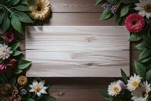 Wooden background and flowers banner template mockup background photo