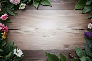 Wooden background and flowers banner template mockup background photo