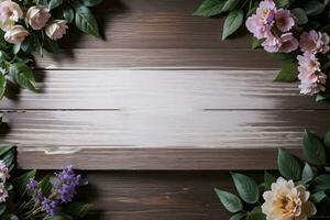 Wooden background and flowers banner template mockup background photo