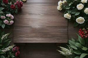 Wooden background and flowers banner template mockup background photo