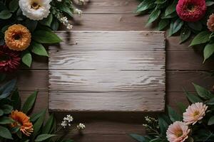 Wooden background and flowers banner template mockup background photo