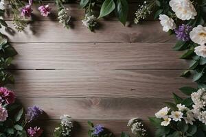 Wooden background and flowers banner template mockup background photo