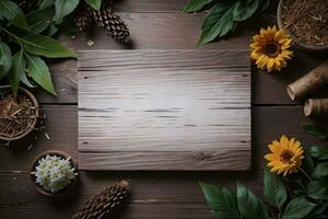 Wooden background and flowers banner template mockup background photo