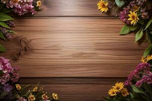 Wooden background and flowers banner template mockup background photo