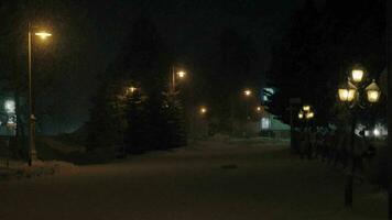 Night winter scene of deserted snowy avenue video