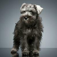 perrito Schnauzer quedarse en el estudio mesa foto