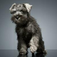 Puppy Schnauzer staying in the studio table photo