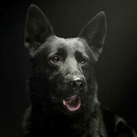 Black German shepherd portrait in a dark studio photo