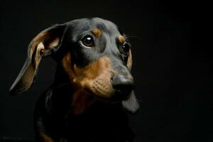 perrito perro tejonero retrato en un oscuro estudio foto