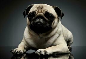 Studio shot of an adorable Pug or Mops lying and looking curiously at the camera photo