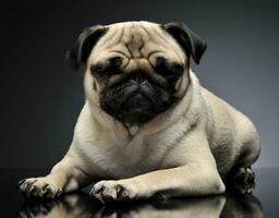 pug relaxing in a grey photo studio