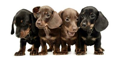 four lovely puppy dachshunds staying side by side in white studio photo