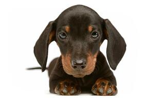 Lovely puppy dachshund waching in white studio photo