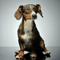 funny small mixed breed dox with flying ears sitting in gray studio photo