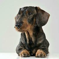 Cute wired hair dachshund in a photo studio