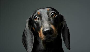An adorable black and tan short haired Dachshund looking sadly photo