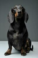 un adorable negro y bronceado corto peludo perro tejonero sentado y mirando curiosamente a el cámara foto