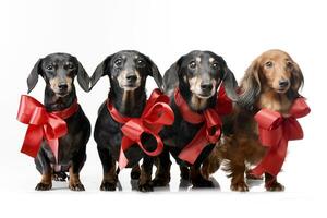 Studio shot of four adorable Dachshund with red bows photo