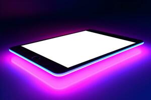 Mockup Image of Tablet with Blank White Screen on Reflective Surface with Neon Light. Close up, Side View. AI Generated photo