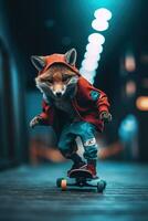 fox ride skate board photography neon light humanized animal hoodie roller realistic photo