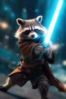 Jedi raccoon with light saber posing humanized animal photography motion avenger of galaxy photo