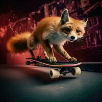 fox ride skate board photography neon light humanized animal hoodie roller realistic photo