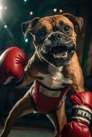 bulldog dog boxer boxing ring gloves photo humanized animal realistic teeth real