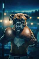 buldog perro Boxer boxeo anillo guantes foto humanizado animal realista dientes real
