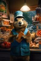 beaver marmot work in cafe fast food waiter profession realistic humanized photography smiling photo