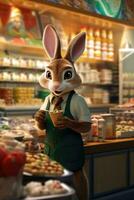 bunny hare work in cafe fast food waiter profession realistic humanized photography smiling photo