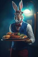 bunny hare work in cafe fast food waiter profession realistic humanized photography smiling photo