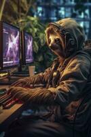 sloth gamer humanized playing computer monitor keyboard hoodie headphones realistic cyber photo