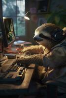 sloth gamer humanized playing computer monitor keyboard hoodie headphones realistic cyber photo