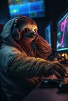 perezoso jugador humanizado jugando computadora monitor teclado capucha auriculares realista ciber foto