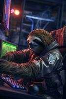 sloth gamer humanized playing computer monitor keyboard hoodie headphones realistic cyber photo