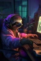 sloth gamer humanized playing computer monitor keyboard hoodie headphones realistic cyber photo
