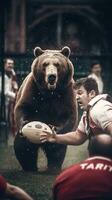 oso pardo oso jugando rugby americano fútbol americano corriendo con pelota humanizado realista fotografía foto