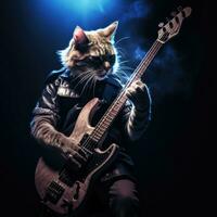 cat singer realistic photo rock metal guitar bass stage scene professional shot music concert band