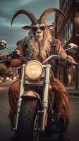 humanizado cabra humano paseo bicicleta Harley dinámica realista foto Disparo zumbido ver la carretera gracioso