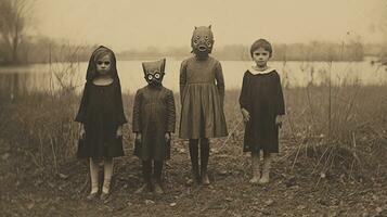 children kids halloween scary vintage photography masks 19th century horror costumes party photo