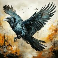 raven bird Halloween illustration artwork scary horror isolated tattoo creepy fantasy cartoon photo