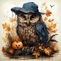 owl pumpkins hat Halloween illustration artwork scary horror isolated tattoo creepy fantasy cartoon photo