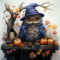 owl pumpkins hat Halloween illustration artwork scary horror isolated tattoo creepy fantasy cartoon photo