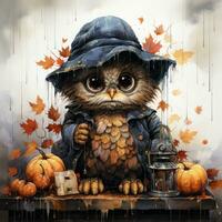 owl pumpkins hat Halloween illustration artwork scary horror isolated tattoo creepy fantasy cartoon photo