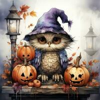 owl pumpkins hat Halloween illustration artwork scary horror isolated tattoo creepy fantasy cartoon photo