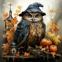 owl pumpkins hat Halloween illustration artwork scary horror isolated tattoo creepy fantasy cartoon photo