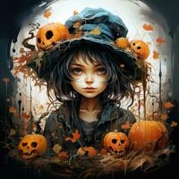 cute witch girl Halloween illustration artwork scary horror isolated tattoo creepy fantasy cartoon photo