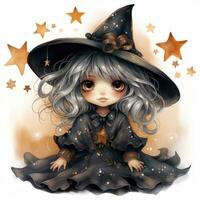 cute witch girl Halloween illustration artwork scary horror isolated tattoo creepy fantasy cartoon photo