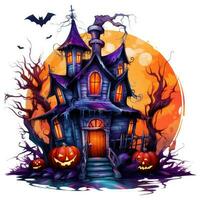 castle house with ghosts moon Halloween illustration scary horror design tattoo isolated fantasy photo